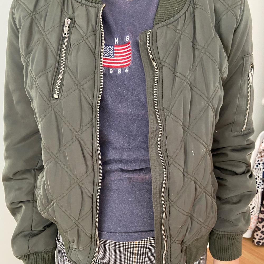 olive green quilted bomber jacket